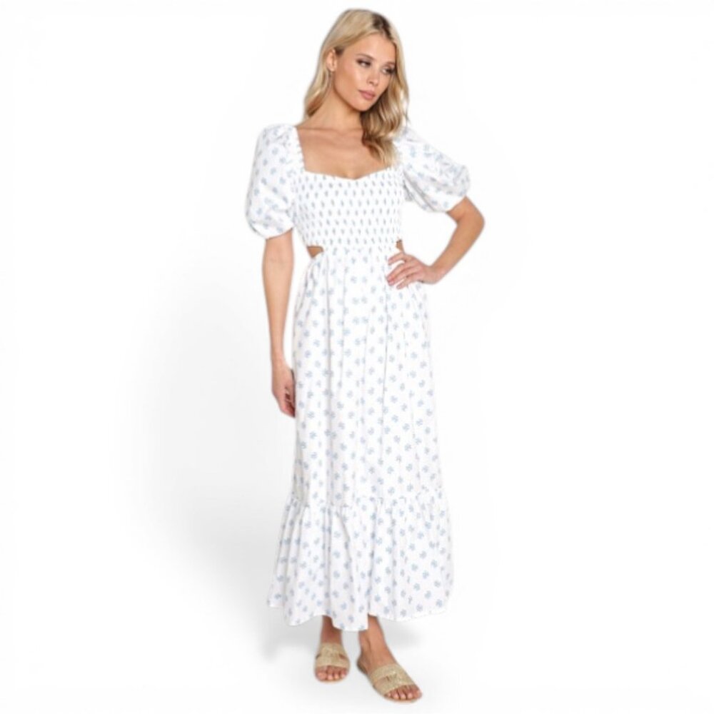 Faithfull the Brand Bloom Midi Dress Cario Floral Smocked Cutout L